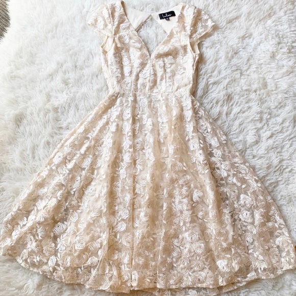 Lulu’s Jacqueline Champagne Floral Embroidered Backless Midi Dress - Picture 2 of 12